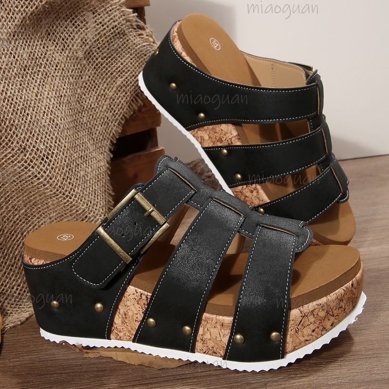 Vintage Outdoor Fashion - Sandali con zeppa vintage con fibbia,